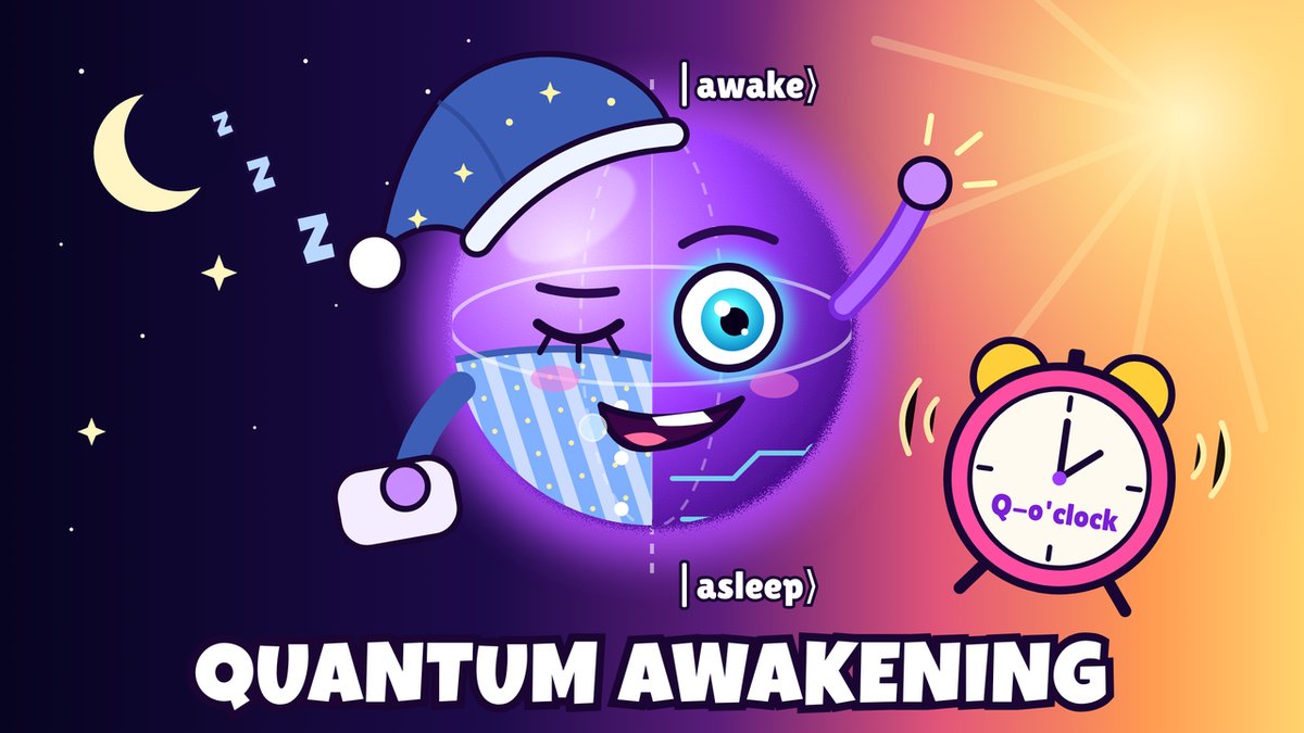 Q, a fuzzy neon-purple qubit orb, half asleep in a nightcap and pajamas and half wide awake with a glowing eye, next to an alarm clock reading Q-o'clock